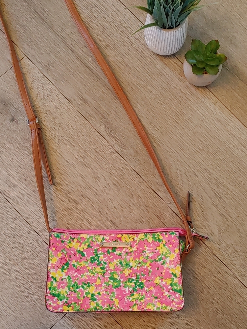 Nine West Pink Floral Crossbody Bag with Tan Strap